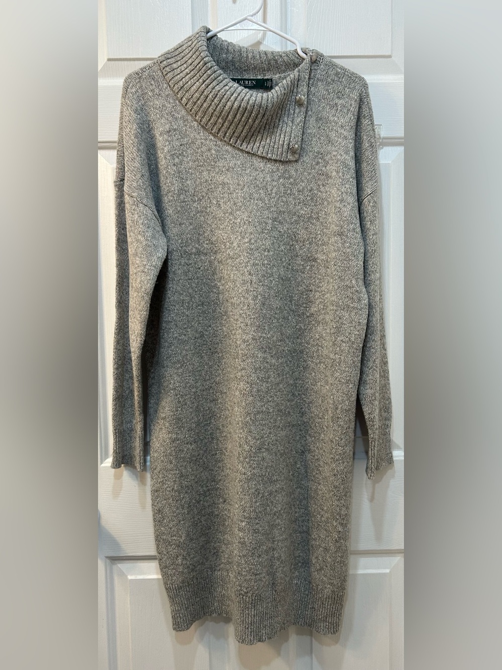 Lauren Ralph Lauren Gray Cowl Neck Knit Sweater Dress Size L Festive Old Money